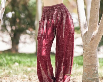 PRINTED RED BOHO Pants - Women's Harem Yoga Pants - Flowy Hippie Trousers - Bohemian Clothes - Genie Aladdin Balloon Pants - Fall Apparel