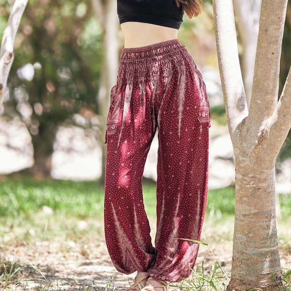 BEDRUCKTE ROTE BOHO Hose - Damen Haremshose - Flowy Hippie Hose - Boho Kleidung - Genie Aladdin Ballonhose - Herbstbekleidung