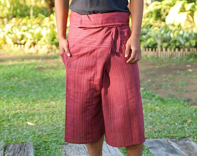 Red Thai Fisherman Shorts: Cotton Yoga Capri Pants