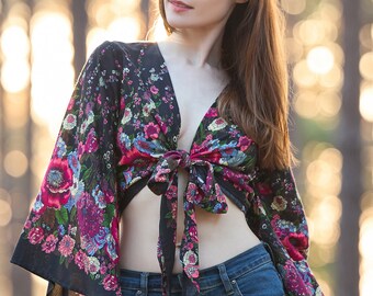 Handmade Rayon Wrap Top: Boho Bell Sleeve Blouse