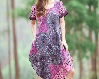 Pink Mandala Sundress with Pockets ~ Knee Length Boho Hippie Dress with Short Sleeve ~ Womens Festival Clothing