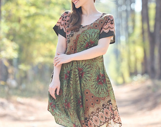 Green Mandala Rayon Dress: Boho Summer Sundress with Pockets