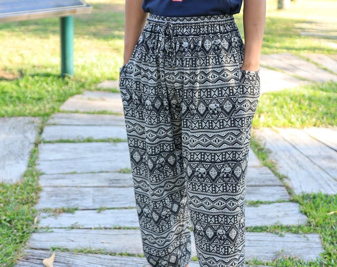 Men's Elephant Print Harem Pants: Rayon Lounge Trousers with Pockets