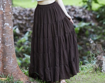 WOMENS BROWN LONG Cotton Ruffle Skirt - Full Circle Long Maxi Skirt - Comfortable Elastic Waist - Bohemian Skirt - Flowy Boho Fall Dress