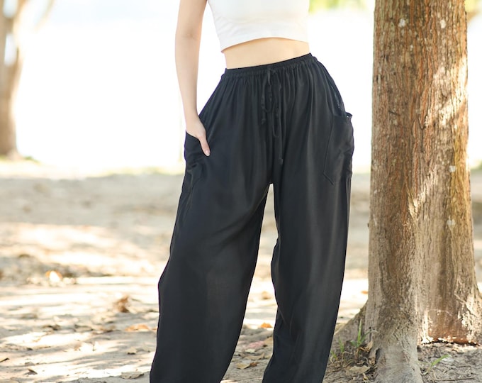 Black Harem Pants Women Boho Yoga Pants - Rayon Trousers with Drawstring, Elastic Waist & Ankles - 2 Pockets - Comfy Lounge Pants S-XXL