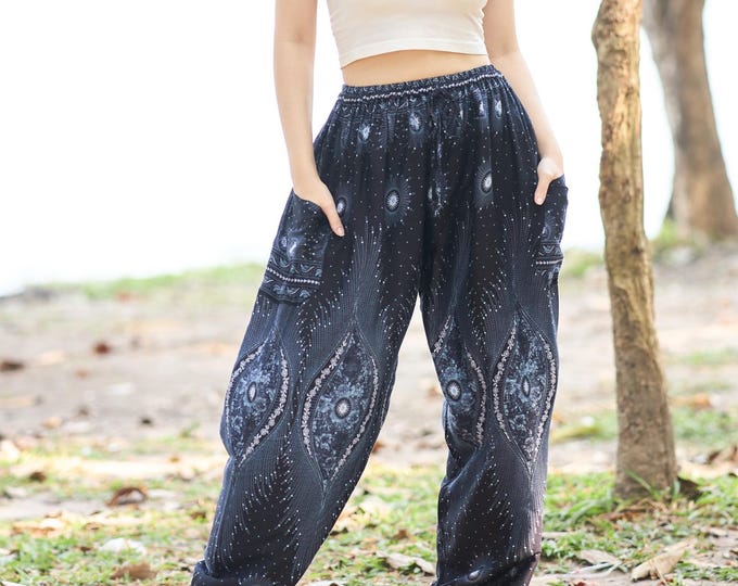 Floral Harem Pants Women – Black Boho Pants – Smocked Waist with Drawstring – Elastic Ankles – 2 Pockets – Comfy Festival Style