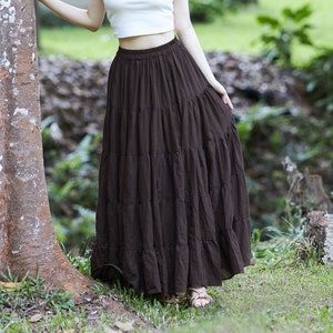 WOMENS BROWN LONG Cotton Ruffle Skirt - Full Circle Long Maxi Skirt - Comfortable Elastic Waist - Bohemian Skirt - Flowy Boho Fall Dress