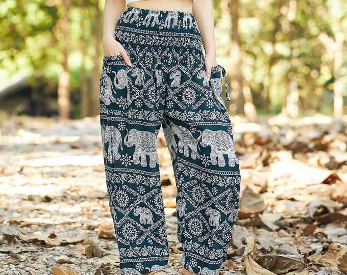 Teal Elephant Harem Pants: Handmade Rayon Boho Lounge Wear