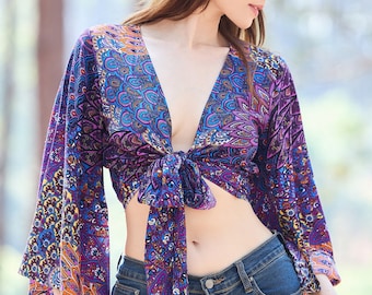 Blusa cruzada bohemia de rayón hecha a mano: camisa hippie con mangas acampanadas