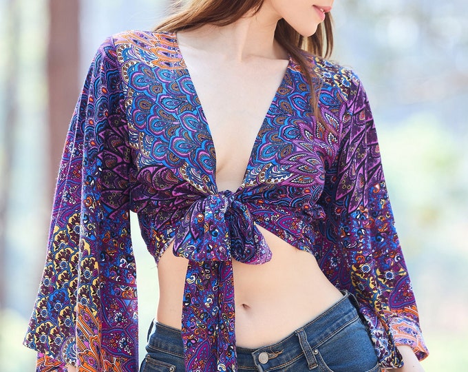 Handmade Rayon Boho Wrap Top: Bell Sleeve Hippie Shirt