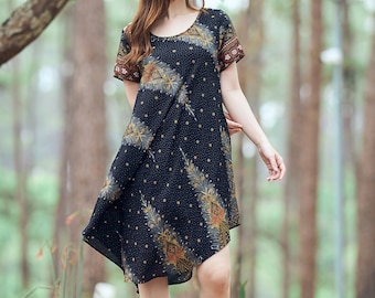 Boho Rayon Sundress with Pockets - Black Peacock Print