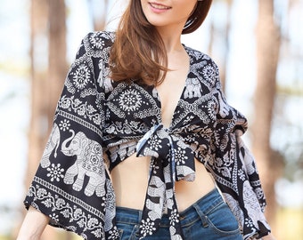 Handmade Rayon Wrap Top: Bohemian Bell Sleeve Blouse