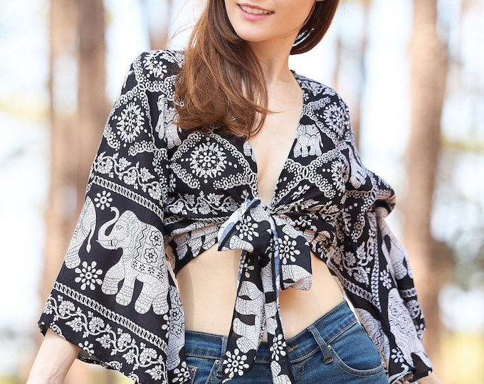 Handmade Rayon Wrap Top: Bohemian Bell Sleeve Blouse