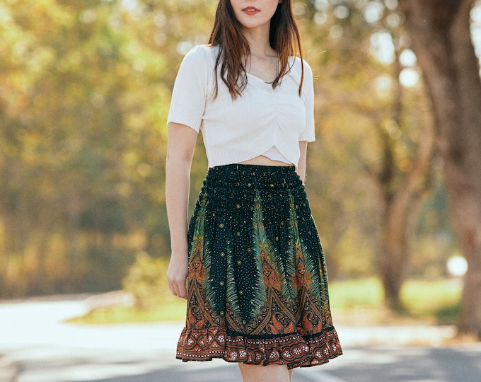 Peacock Print Skater Skirt: Green Bohemian Rayon Mini Skirt