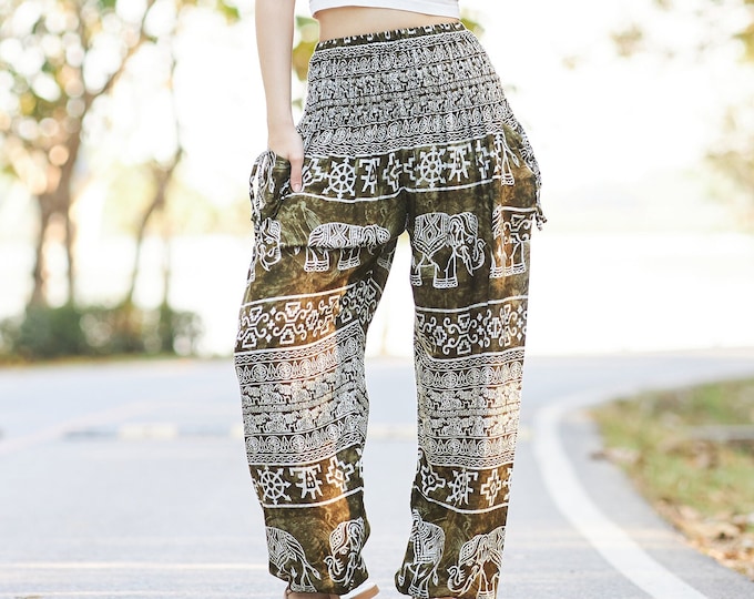 Green Elephant Print Harem Pants: Boho Rayon Yoga Lounge Pants