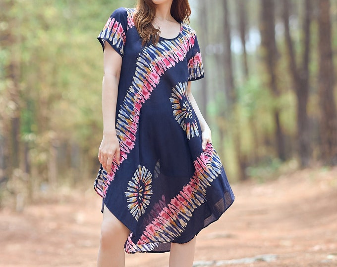 Handmade Dark Blue Rayon Dress: Bohemian Festival Sundress with Pockets