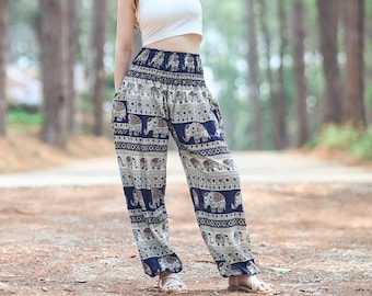 Pantalones harén de elefante azul oscuro: pantalones bohemios de rayón con bolsillos para yoga