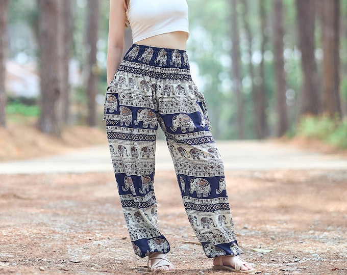 Dark Blue Elephant Harem Pants: Boho Yoga Rayon Trousers with Pockets