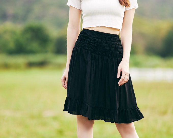 Boho Skirt Women High Waisted Black Skirt -  Womens Clothing - Knee Length Rayon Mini Skater Skirt - Hippie Clothing - High Elastic Waist