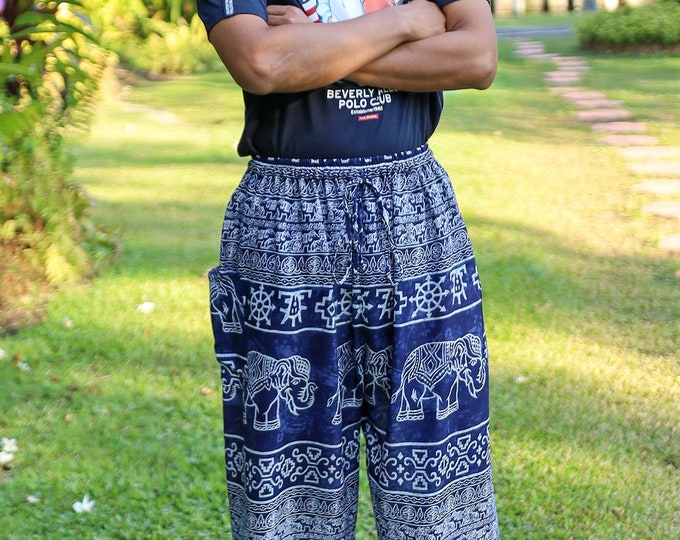 Men's Dark Blue Elephant Print Harem Pants - Rayon Hippie Yoga Trousers