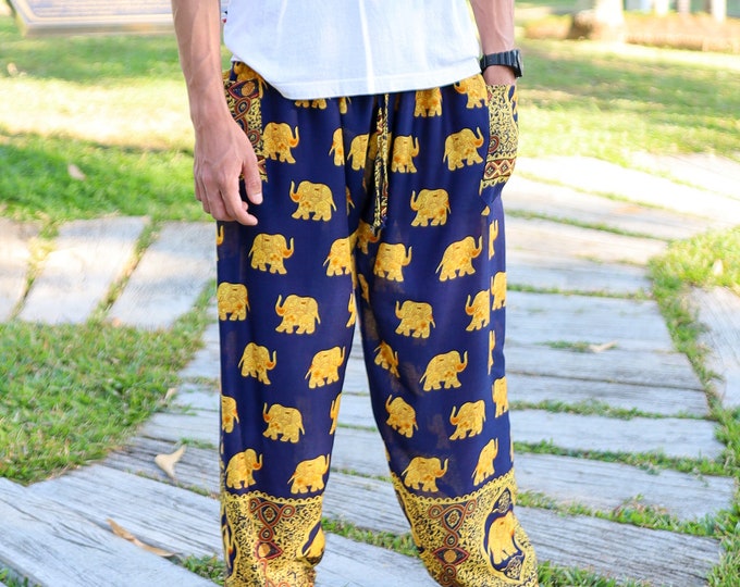 Men's Dark Blue Elephant Harem Pants: Rayon Boho Yoga Trousers