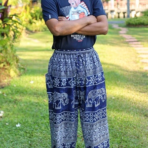 HAREM PANTS MEN Dark Blue Elephant Print Flowy Pants - Mens Hippie Pants with Pockets Yoga Work Our and Festival Wear