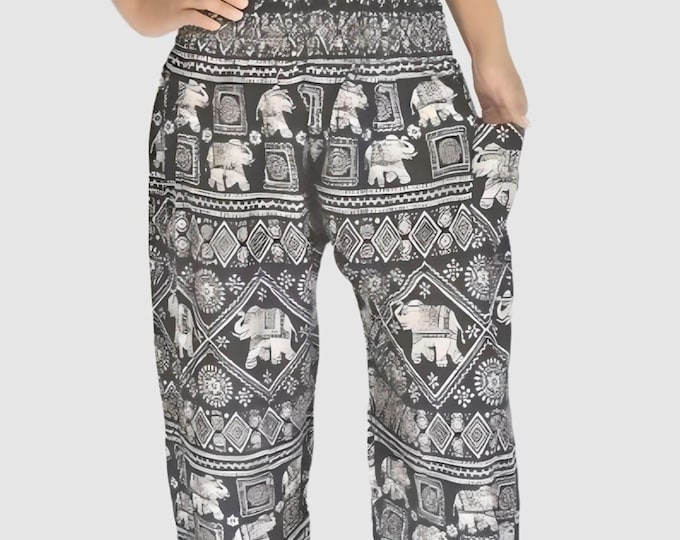 Black Boho Elephant Harem Pants: Rayon Hippie Trousers, Elastic Waist