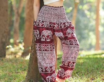 Elefanten Print Haremshose weinrot - Boho Rayon Lounge Hose