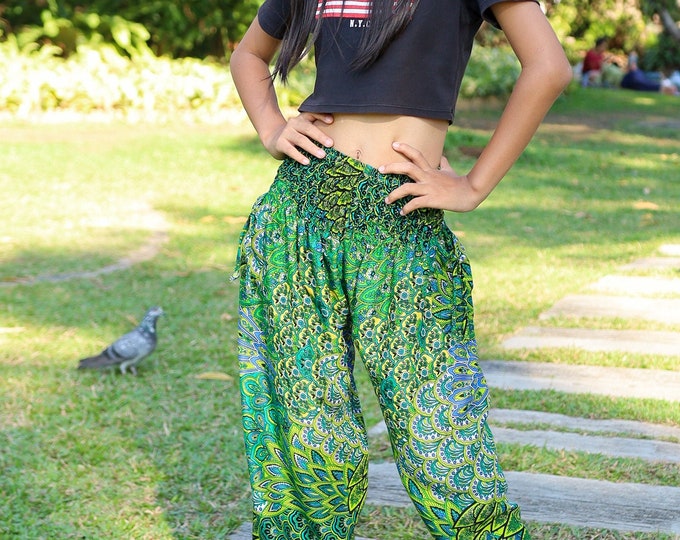 Kids Green Peacock Harem Pants: Lightweight Boho Rayon Trousers