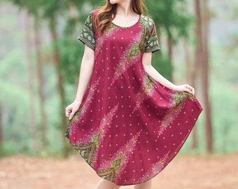 Boho Sundress with Pockets: Burgundy Peacock Rayon Dress
