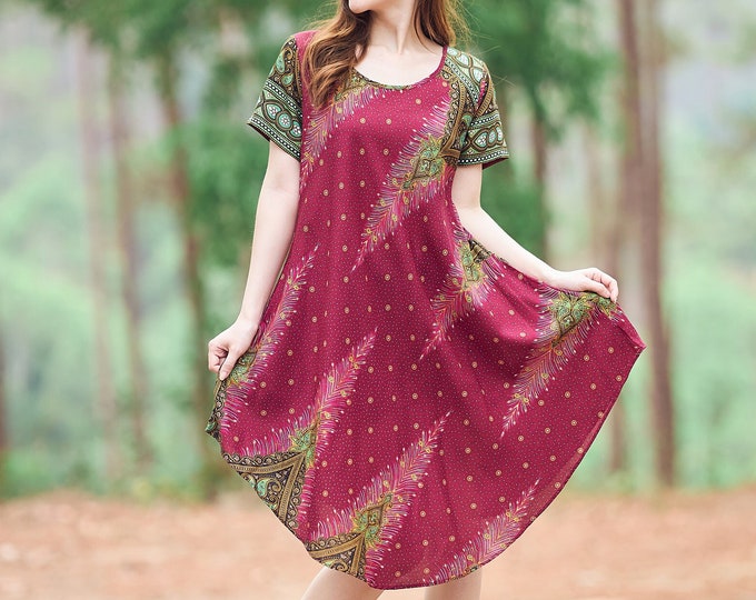 Boho Sundress with Pockets: Burgundy Peacock Rayon Dress