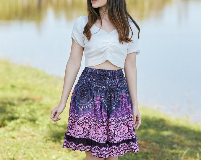 High Waisted Purple Mandala Skater Skirt - Rayon Boho Hippie