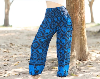 Black Blue Harem Pants Women Elephant Print - Boho Yoga Pants with Smocked Waist - Lightweight Rayon Trousers 2 Pockets and Elastic Ankles