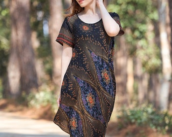 Boho Rayon Dress with Pockets: Black Flower Print, Summer Hippie Style
