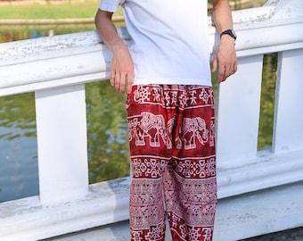 HIPPIE PANTS MEN Burgundy Elephant Printed Lounge Pants - Flowy Harem Pants for Yoga Dance Festival Wear - Mens Hippie Pants with Pockets