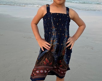 Girls' Dark Blue Peacock Rayon Dress: Boho Summer Sundress