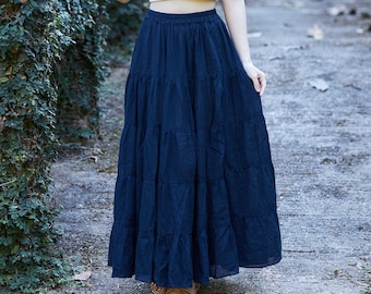 WOMENS DARK BLUE Long Cotton Ruffle Skirt - Full Circle Long Maxi Skirt - Comfortable Elastic Waist - Bohemian Skirt - Flowy Boho Fall Dress