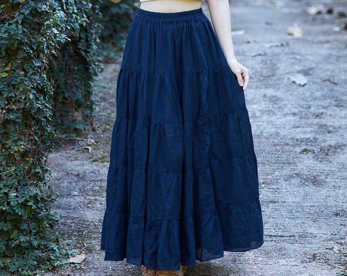 Dark Blue Cotton Ruffle Maxi Skirt: Bohemian Elastic Waist