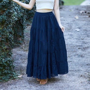 WOMENS DARK BLUE Long Cotton Ruffle Skirt - Full Circle Long Maxi Skirt - Comfortable Elastic Waist - Bohemian Skirt - Flowy Boho Fall Dress