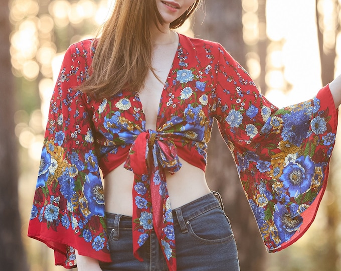 Handmade Rayon Wrap Top: Bohemian Bell Sleeve Blouse