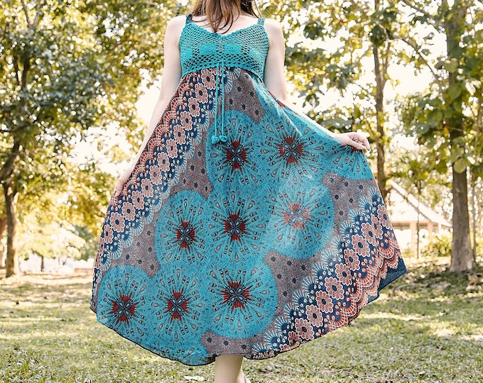 Teal Crochet Top Dress: Boho Rayon Sundress