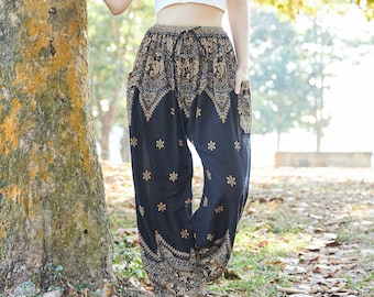 Peacock Print Harem Pants: Bohemian Rayon Thai Yoga Trousers