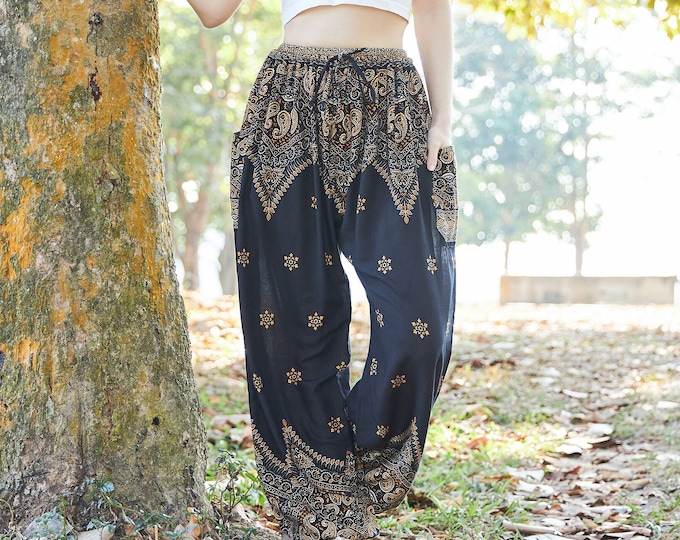 Peacock Print Harem Pants: Bohemian Rayon Thai Yoga Trousers