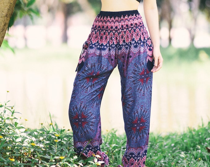 Dark Blue Flower Mandala Harem Pants: Rayon Smocked Waist Boho Trousers