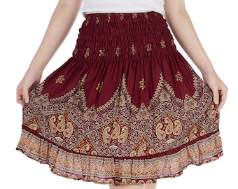 Burgundy Print Rayon Skater Skirt: High Waisted Boho Mini