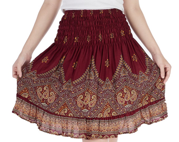 Burgundy Print Rayon Skater Skirt: High Waisted Boho Mini