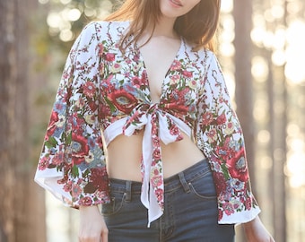 Handmade Rayon Boho Wrap Top: Floral Bell Sleeve Blouse