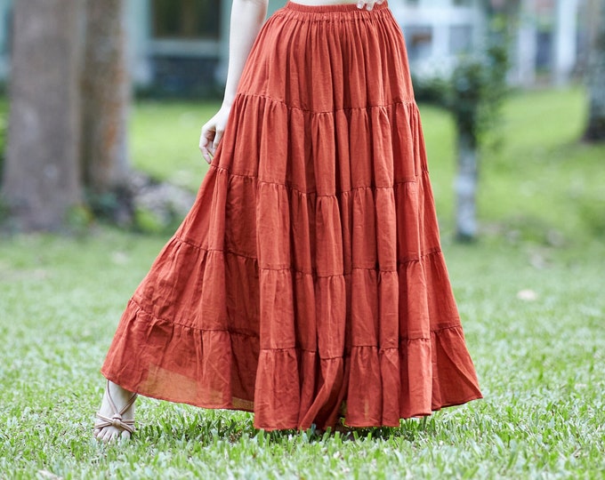 Orange Cotton Maxi Skirt: Flowy Boho Ruffle Skirt, Plus Size - Long Skirt Women