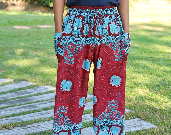 Mens Elephant Print Harem Pants: Rayon Festival Yoga Lounge Pants