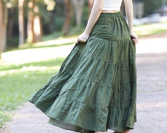 DAMES GROEN LANGE Katoenen Ruffle Rok - Volledige Cirkel Lange Maxi Rok - Comfortabele elastische taille - Boho Fall Rok Flowy Halloween Jurk